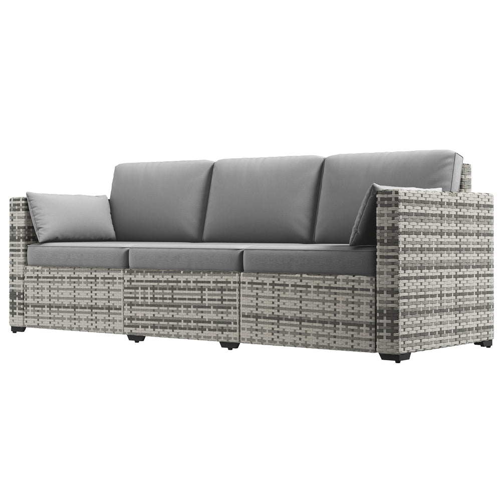 Canapé de jardin 3 places en rotin synthétique gris avec coussins gris, design moderne et résistant pour espace extérieur