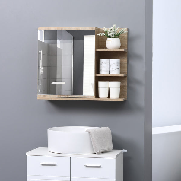 Wall-mounted bathroom cabinet with mirror and 3 open shelves, natural color