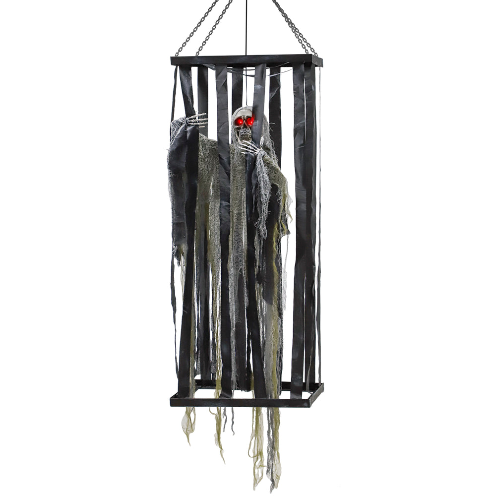 Faucheur squelette suspendu dans une cage, accessoire à commande vocale avec yeux clignotants