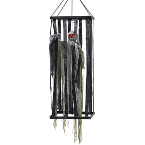 Faucheur squelette suspendu dans une cage, accessoire à commande vocale avec yeux clignotants