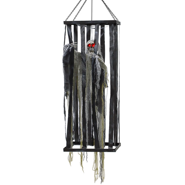 Faucheur squelette suspendu dans une cage, accessoire à commande vocale avec yeux clignotants