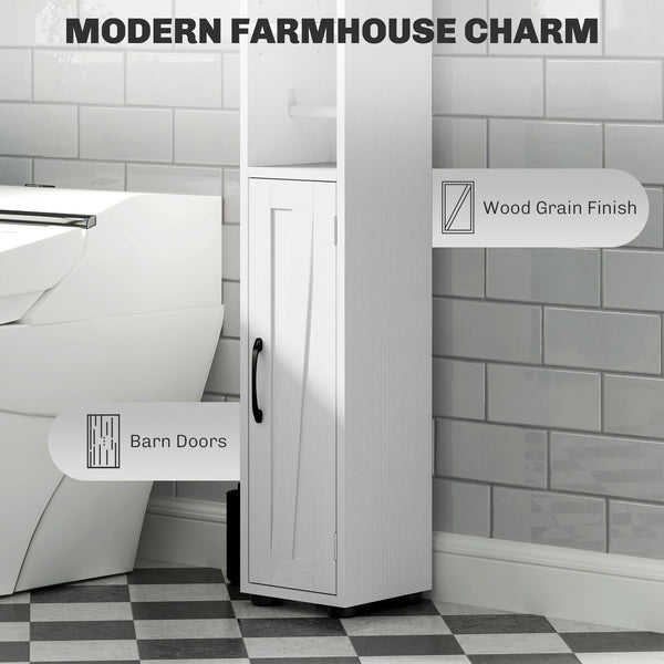 Meuble de salle de bain étroit  avec portes de grange, tiroir et étagères réglables, aspect bois blanc