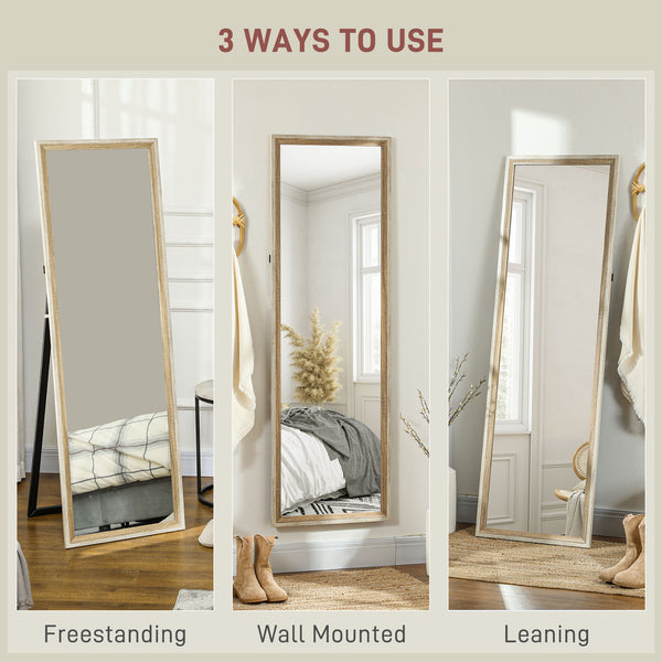 Miroir sur pied pleine longueur sur pied ou à poser avec cadre pour chambre, grain de bois foncé