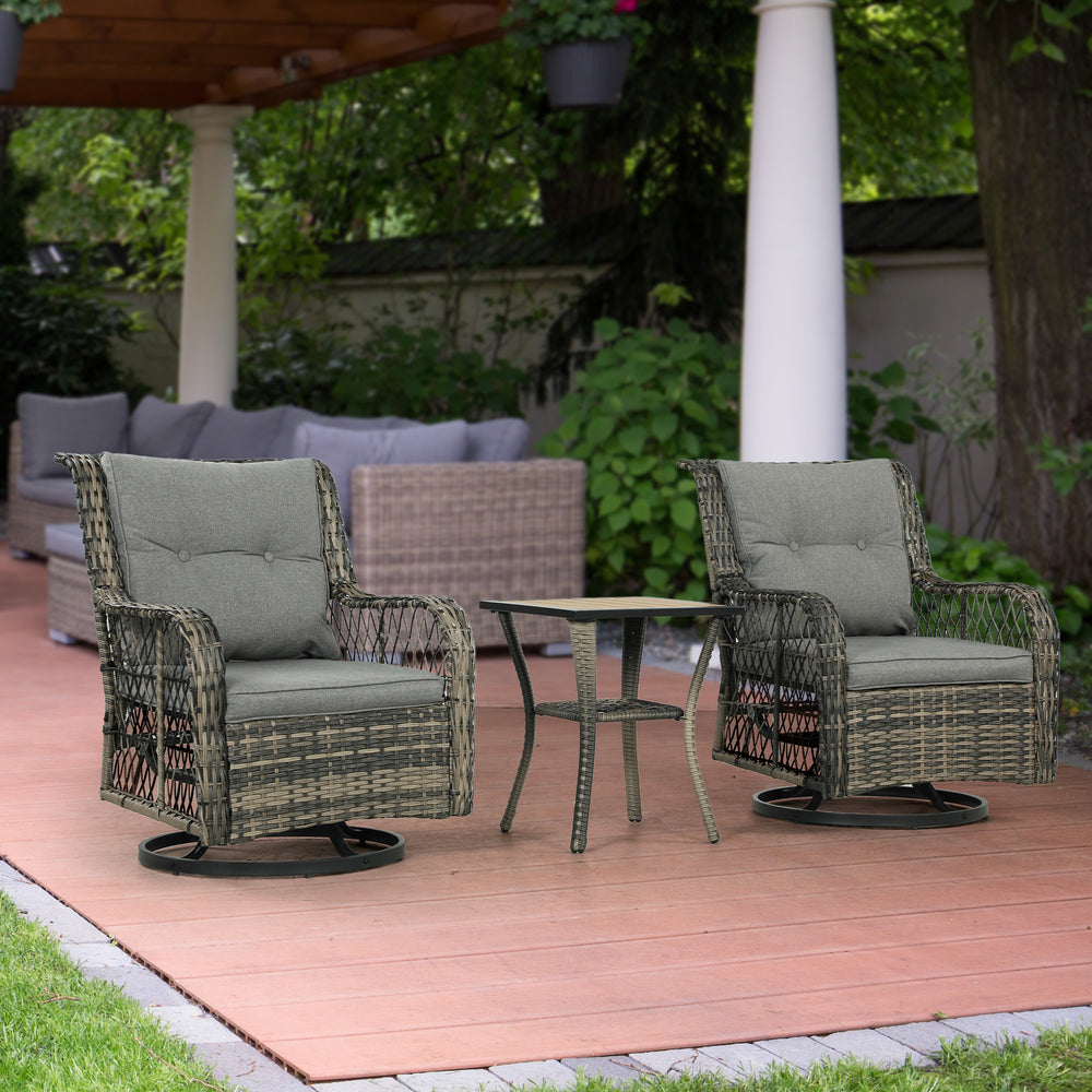 3 Piece Outdoor Bistro Set, Wicker Patio Furniture Set with Swivel Glider Chairs for Balcony, Porch, Grey