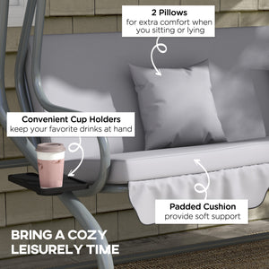 Outdoor 3-Seater Patio Swing Chair, Outdoor Swing Seat, with Adjustable Canopy and Two Pillows for Garden, Light Grey