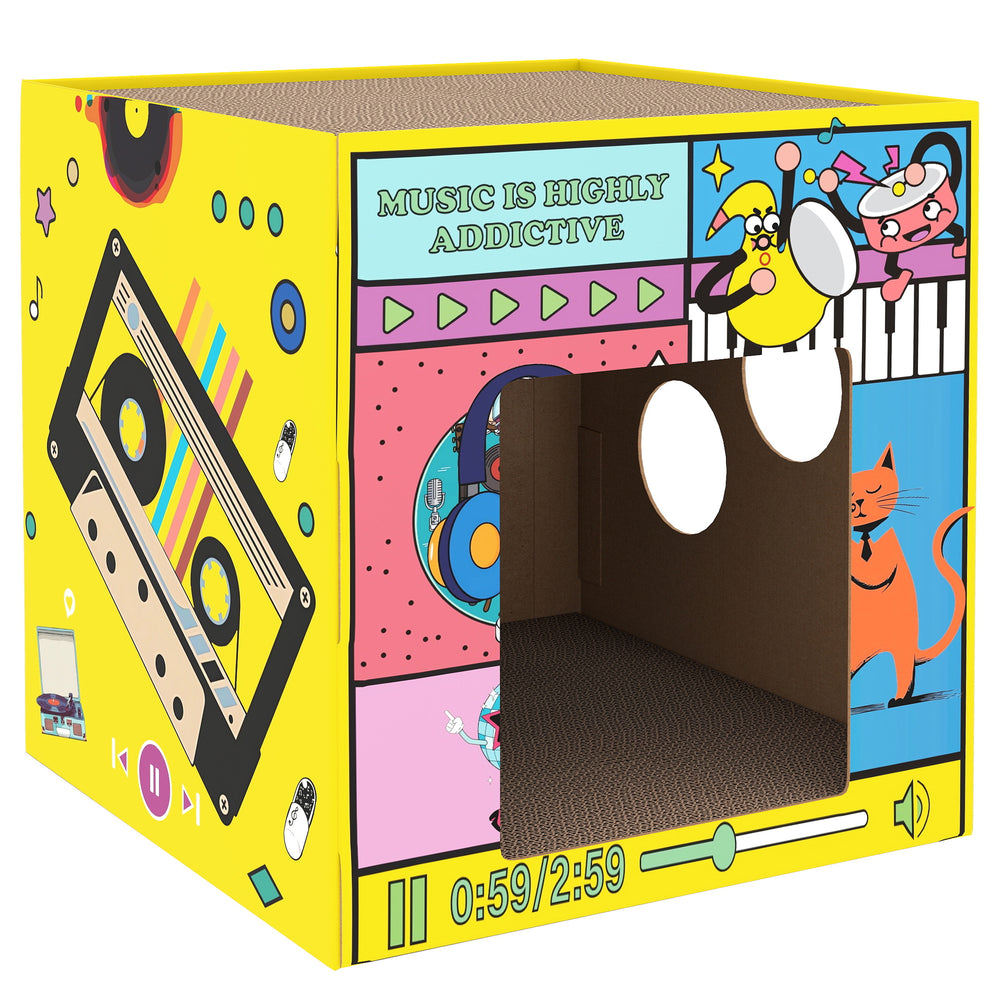 Maison pour chat 2 en 1 en carton avec planche à griffer et herbe à chat