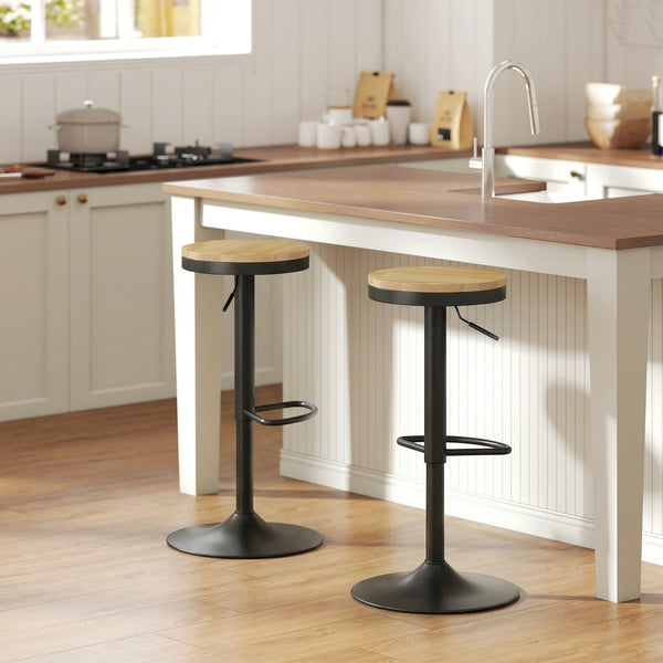 Ensemble de 2 tabourets de bar en bois, pivotants et réglables en hauteur, bois naturel et noir.