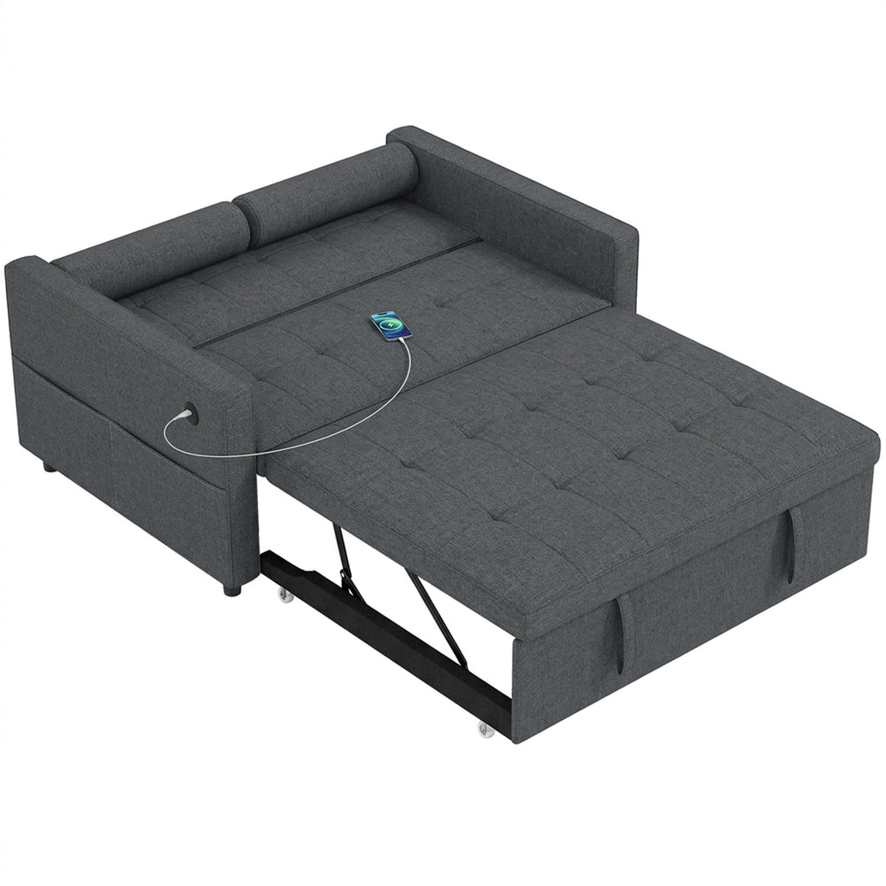 Canapé-lit gigogne deux places en lin avec ports USB, gris foncé