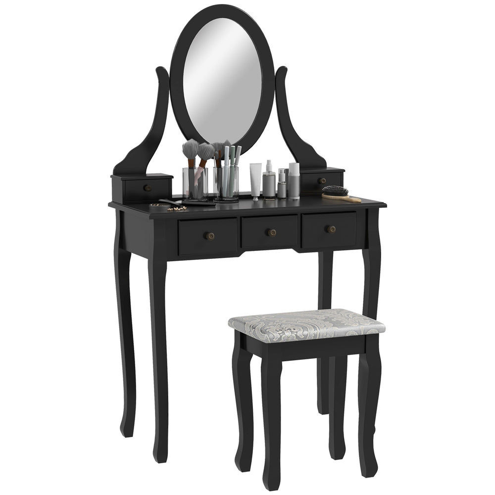 Coiffeuse avec tabouret et miroir ovale rotatif à 360°, noire