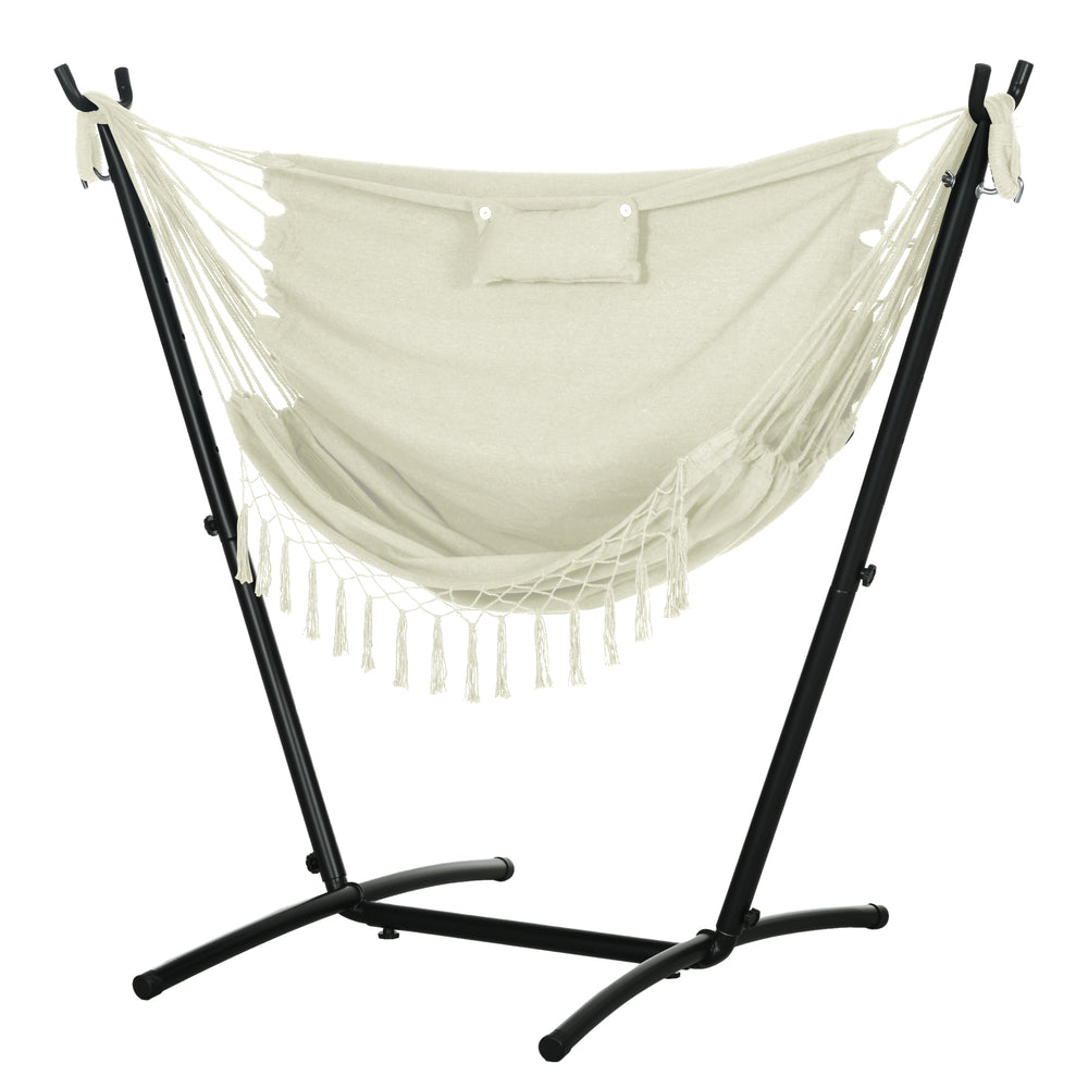 Patio Hammock Chair with Stand, Outdoor Hammock Swing Hanging Lounge Chair with Side Pocket and Headrest, Cream
