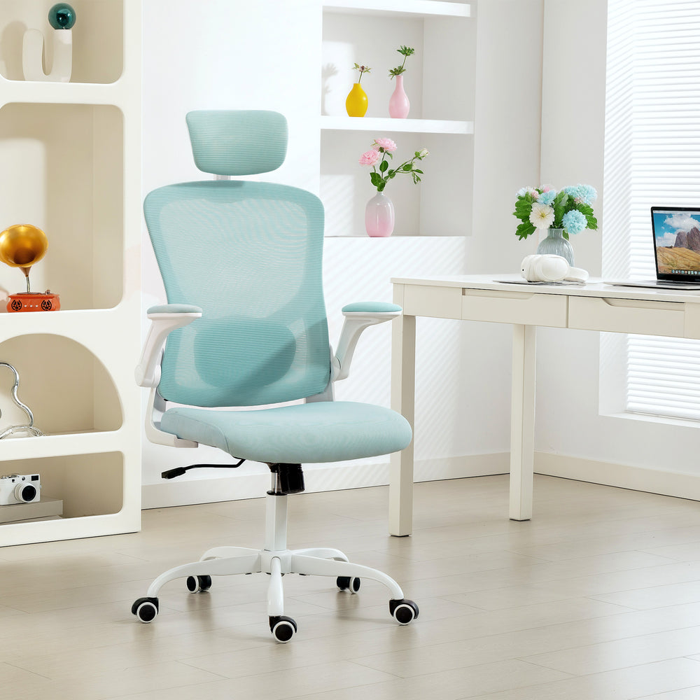 Chaise de bureau ergonomique en maille avec appui-tête et soutien lombaire, vert clair