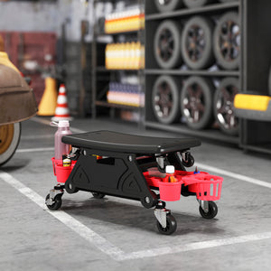 Padded rolling garage stool with tool storage, black.