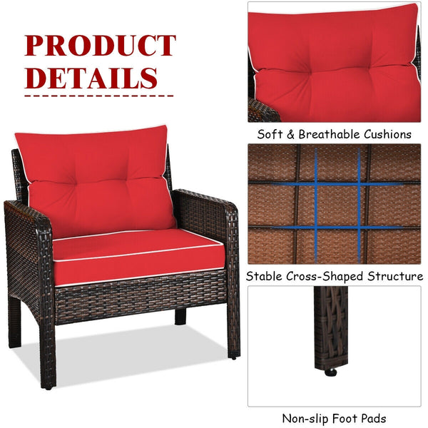 3-Piece Outdoor Patio Rattan Conversation Set with Seat Cushions - Red