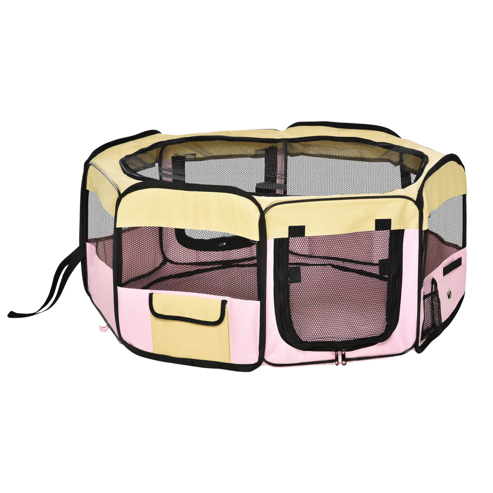 Portable playpen with pink carry bag