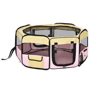 Portable playpen with pink carry bag