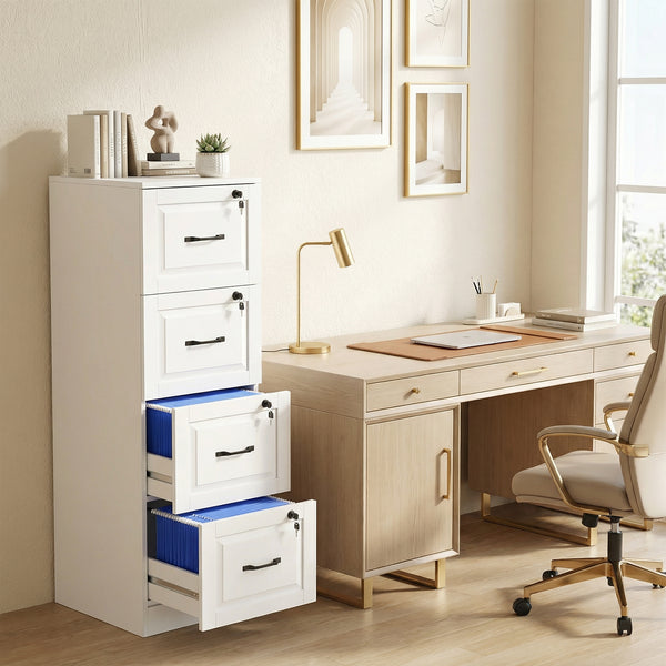 Classeur vertical à 4 tiroirs avec serrure, équipé de barres de suspension réglables pour formats A4 et Lettre, blanc.