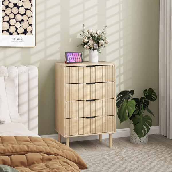 Chest of drawers with 4 drawers, fluted panels and solid wood legs, oak color