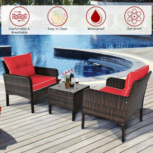 3-Piece Outdoor Patio Rattan Conversation Set with Seat Cushions - Red