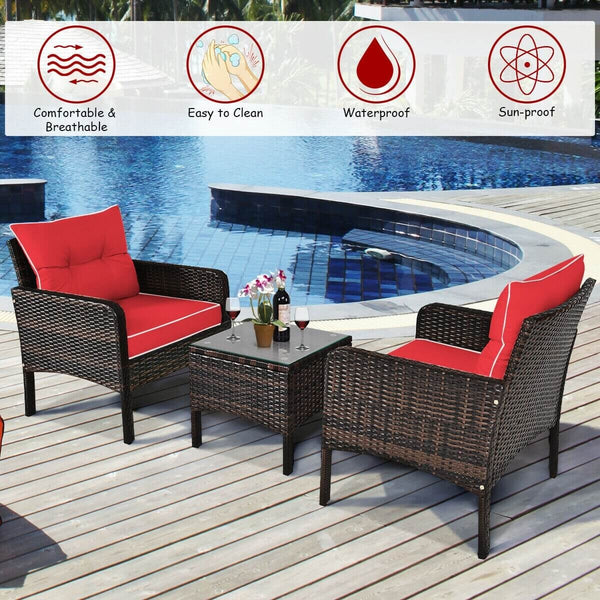 3-Piece Outdoor Patio Rattan Conversation Set with Seat Cushions - Red