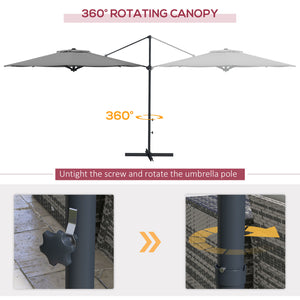 Parasol déporté 3 m, en aluminium, pivotant à 360°, avec manivelle, inclinable et base croisée, gris