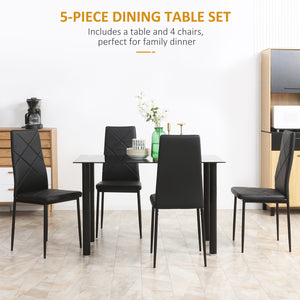 Ensemble table et chaises pour 4 personnes, table en verre, assise rembourrée et cadre en acier