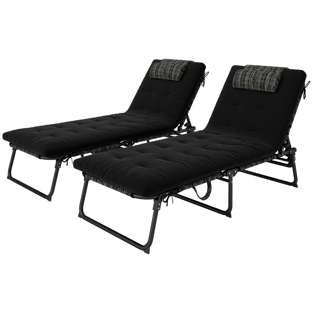 Lot de 2 chaises de bronzage avec coussin, poche latérale, appui-tête, noir