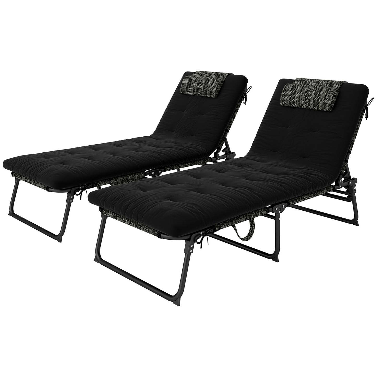 Lot de 2 chaises de bronzage avec coussin, poche latérale, appui-tête, noir