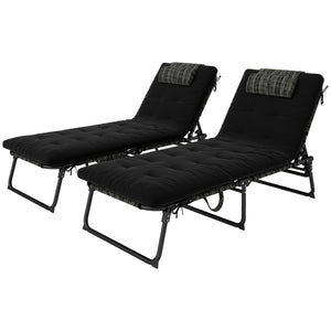 Lot de 2 chaises de bronzage avec coussin, poche latérale, appui-tête, noir