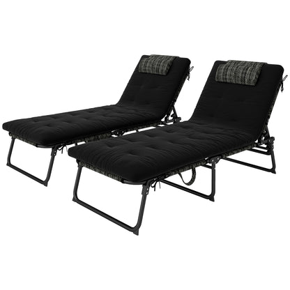 Lot de 2 chaises de bronzage avec coussin, poche latérale, appui-tête, noir