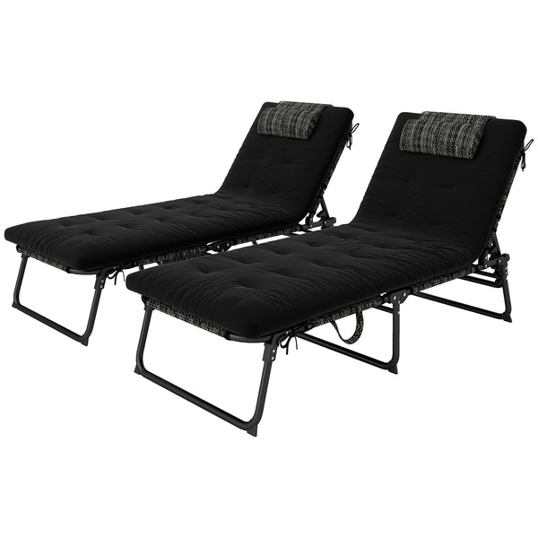 Lot de 2 chaises de bronzage avec coussin, poche latérale, appui-tête, noir