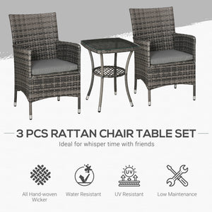 3 Pieces Wicker Patio Furniture Set, Rattan Bistro Set with Glass Top Coffee Table and Cushions, Outdoor Conversation Set for Garden, Porch, Balcony, Mixed Grey