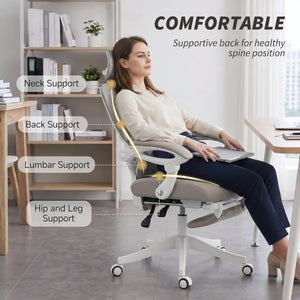 Chaise de bureau inclinable en filet avec repose-pieds, gris clair