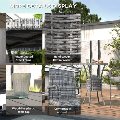Outsunny 3 Piece Patio Bar Set, Rattan Bistro Table and Chairs, Garden Furniture with Ice Bucket, Grey Mix