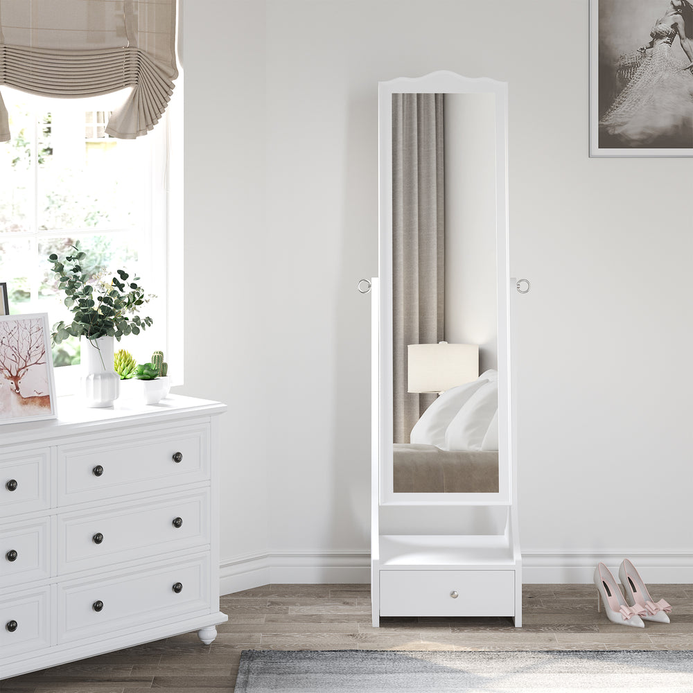 Armoire à bijoux sur pied avec éclairage LED, miroir pleine longueur, angle réglable, blanc