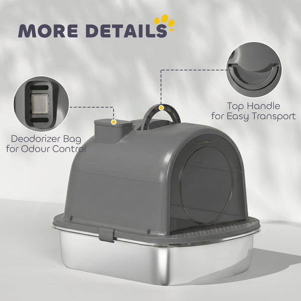 Enclosed Stainless Steel Litter Box, Metal Cat Litter Box with Scoop, Deodorizer Bag, Handle, Easy to Clean