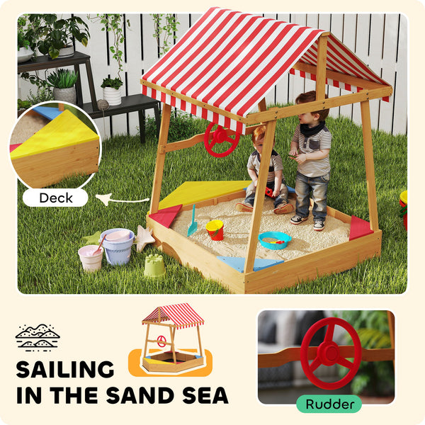 Qaba Wooden Kids Sandbox with Cover, 4 Seats, Rudder, Deck, Bottom Liner, 52" x 40" x 55.5", for Ages 3-8, Yellow