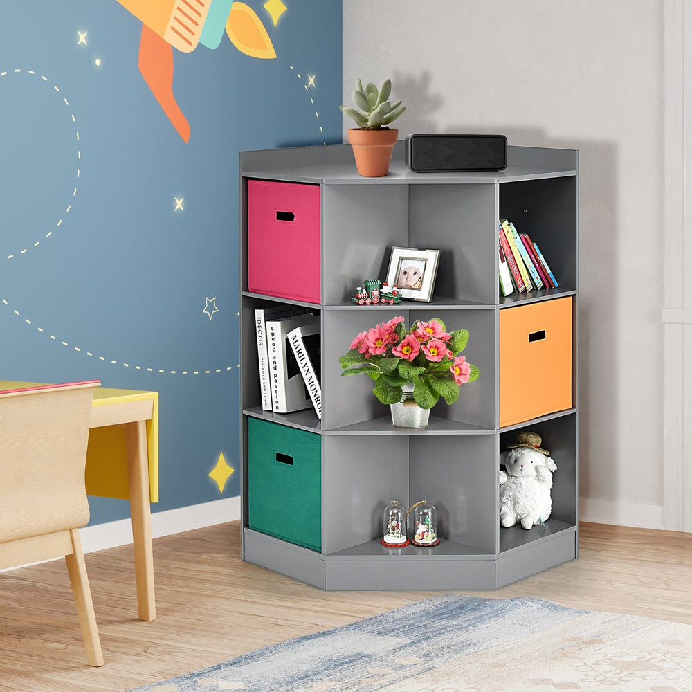 3-tier kids' corner storage shelf with 3 baskets - Grey