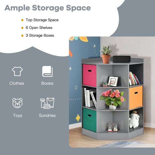 Étagère de rangement d'angle à 3 niveaux pour enfants avec 3 paniers - Gris