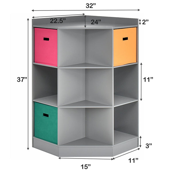 Étagère de rangement d'angle à 3 niveaux pour enfants avec 3 paniers - Gris