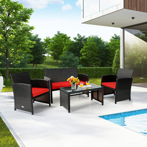 4-Piece Upholstered Rattan Patio Furniture Set - Red