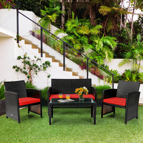 4-Piece Upholstered Rattan Patio Furniture Set - Red