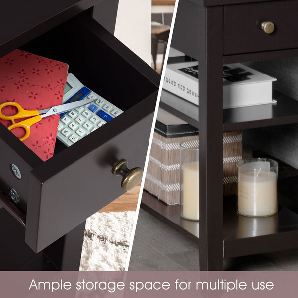 3-tier bedside table with nightstand and double-shelf drawer