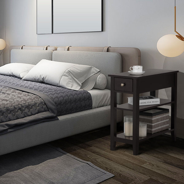 3-tier bedside table with nightstand and double-shelf drawer