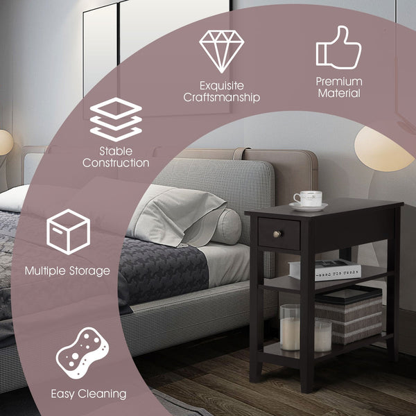 3-tier bedside table with nightstand and double-shelf drawer