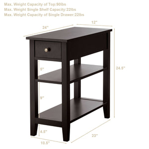 3-tier bedside table with nightstand and double-shelf drawer