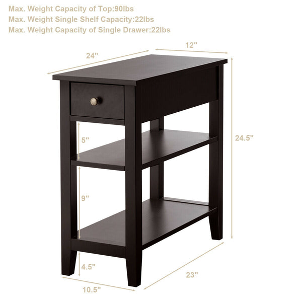 3-tier bedside table with nightstand and double-shelf drawer