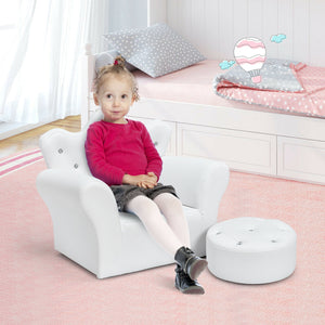 Canapé princesse rembourré pour enfants avec pouf et décoration en diamant - Blanc