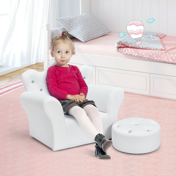 Canapé princesse rembourré pour enfants avec pouf et décoration en diamant - Blanc
