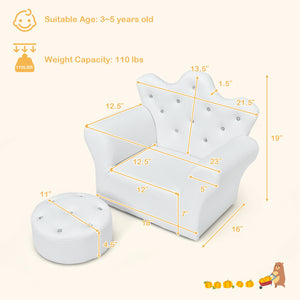 Canapé princesse rembourré pour enfants avec pouf et décoration en diamant - Blanc