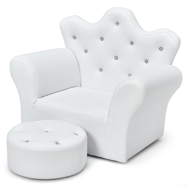 Canapé princesse rembourré pour enfants avec pouf et décoration en diamant - Blanc